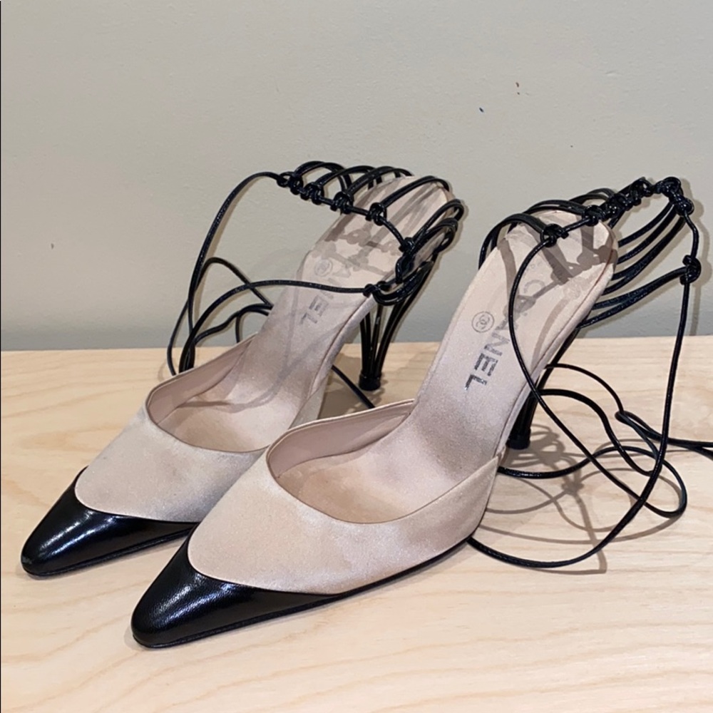 Chanel satin and leather cage heels